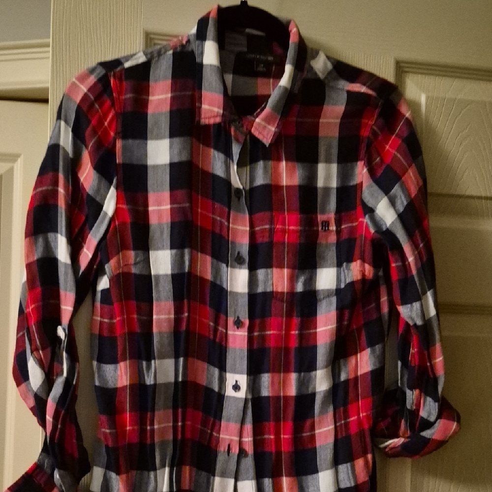 Tommy Hilfiger Men's Plaid Shirt - Navy, Red, and White